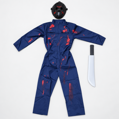 Véres Halloween horror szerelőoverall választható Jason- vagy Michael Myers-jellegű maszkkal FELNŐTT és GYEREK méretben