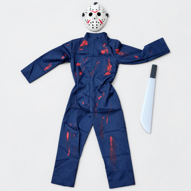 Véres Halloween horror szerelőoverall választható Jason- vagy Michael Myers-jellegű maszkkal FELNŐTT és GYEREK méretben Véres Halloween horror szerelőoverall választható Jason- vagy Michael Myers-jellegű maszkkal FELNŐTT és GYEREK méretben