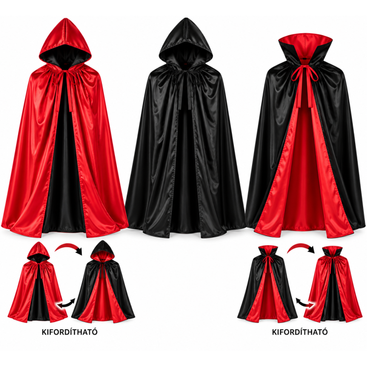 Halloween köpeny – fekete, kifordítható fekete-piros vagy vámpírköpeny – 80/120/140 cm FELNŐTT és GYEREK méretek Halloween köpeny – fekete, kifordítható fekete-piros vagy vámpírköpeny – 80/120/140 cm FELNŐTT és GYEREK méretek