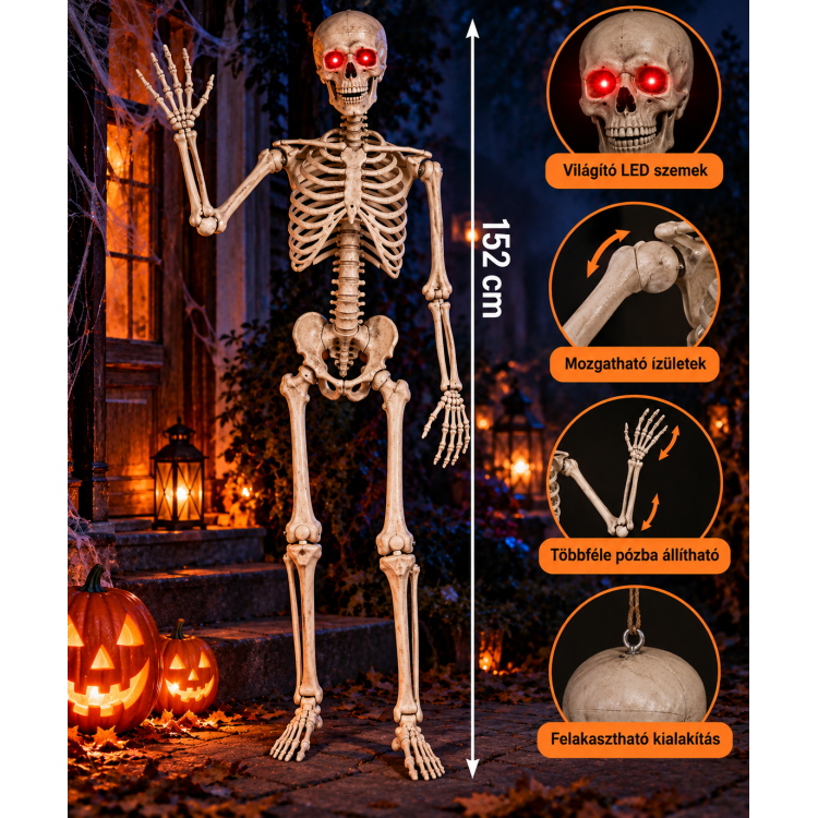 ÉLETHŰ Halloween csontváz dekoráció 152 cm – világító LED szemekkel, mozgatható ízületekkel