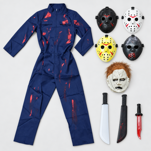 Véres Halloween horror szerelőoverall választható Jason- vagy Michael Myers-jellegű maszkkal FELNŐTT és GYEREK méretben