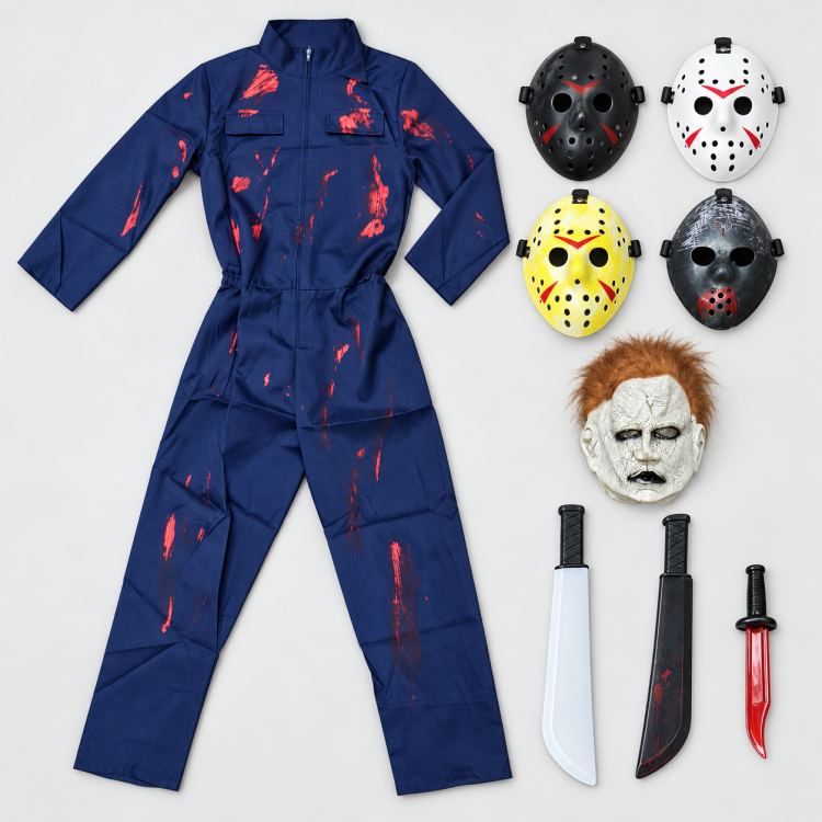 Véres Halloween horror szerelőoverall választható Jason- vagy Michael Myers-jellegű maszkkal FELNŐTT és GYEREK méretben Véres Halloween horror szerelőoverall választható Jason- vagy Michael Myers-jellegű maszkkal FELNŐTT és GYEREK méretben