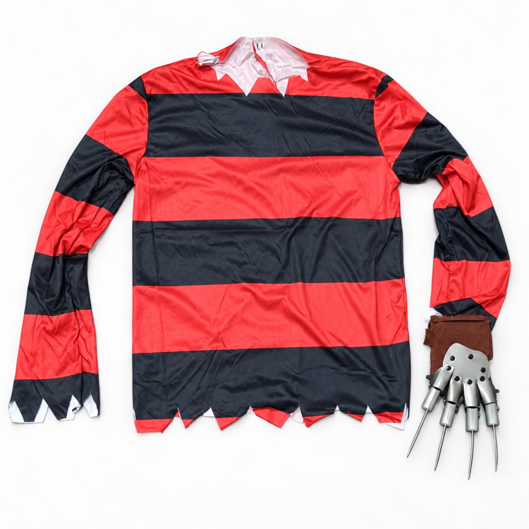 Freddy Krueger-jellegű felnőtt Halloween horrorjelmez karmos kesztyűvel M– L–XL Freddy Krueger-jellegű felnőtt Halloween horrorjelmez karmos kesztyűvel M– L–XL