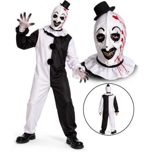 Terrifier Horror bohóc jelmez latex maszkkal – fekete-fehér Halloween jelmez felnőtteknek