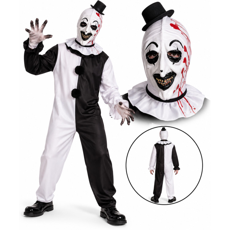 Terrifier Horror bohóc jelmez latex maszkkal – fekete-fehér Halloween jelmez felnőtteknek