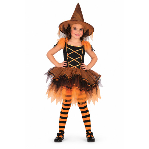 Lány Halloween boszorkány jelmez kalappal – fekete-narancs