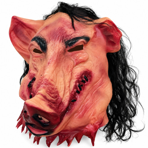 Fűrész stílusú malac horror latex maszk fekete hajjal – Halloween