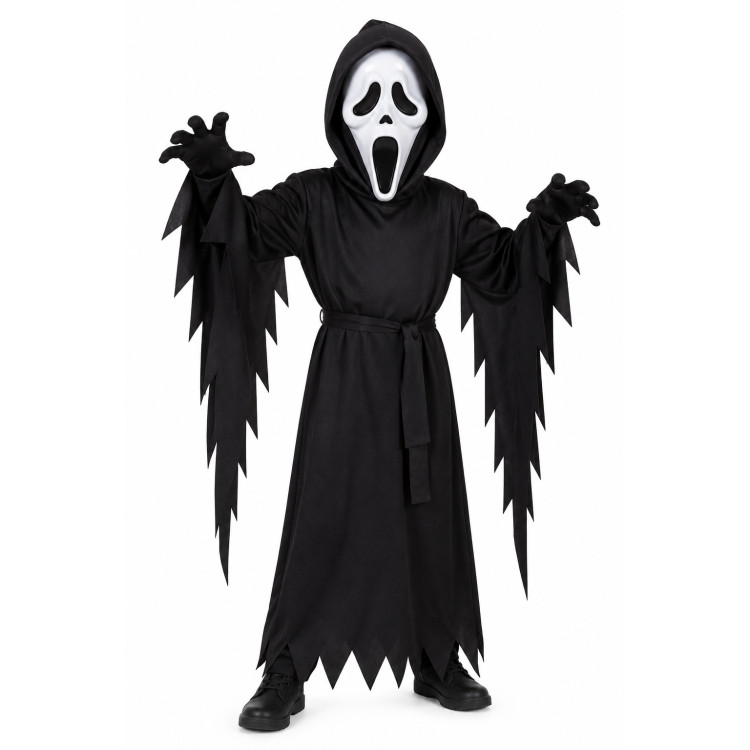Sikoly maszkos gyerek horror Halloween jelmez – fekete – 90–130 cm