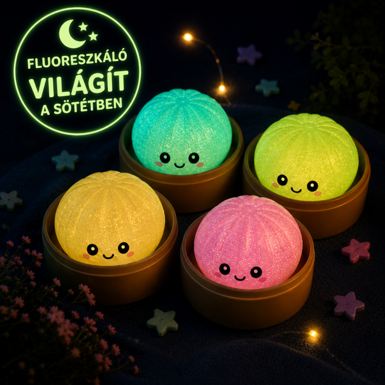 Dumpling Squishy – Puha nyomkodható stresszoldó gőzgombóc FLUORESZKÁLÓ sötétben világító Dumpling Squishy – Puha nyomkodható stresszoldó gőzgombóc FLUORESZKÁLÓ sötétben világító