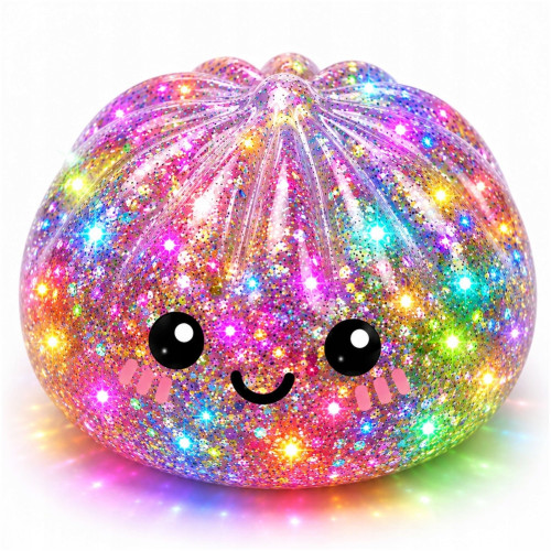 Dumpling Squishy – Puha nyomkodható LED-es stresszoldó CSILLÁMOS gőzgombóc SZÍNES GOLYÓKKAL