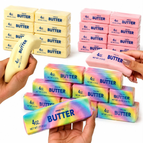 Butter Squishy – Puha nyomkodható stresszoldó Vaj formájú játék Natúr Szivárvány Rózsaszín