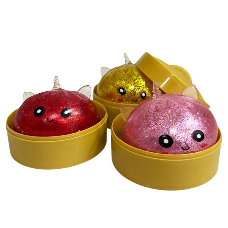 Dumpling Squishy – Puha nyomkodható LED-es stresszoldó gőzgombóc UNIKORNISOS  csillámos