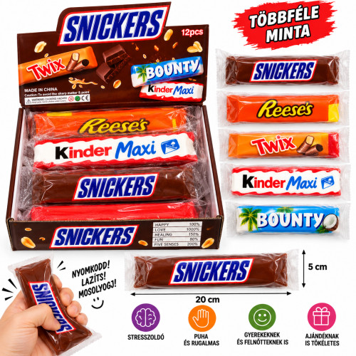 Snickers, Bounty, Twix, Kinder Maxi és Reese’s mintás Squishy stresszoldó játék – 20 × 5 cm