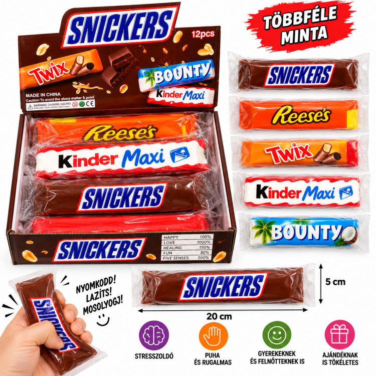 Snickers, Bounty, Twix, Kinder Maxi és Reese’s mintás Squishy stresszoldó játék – 20 × 5 cm