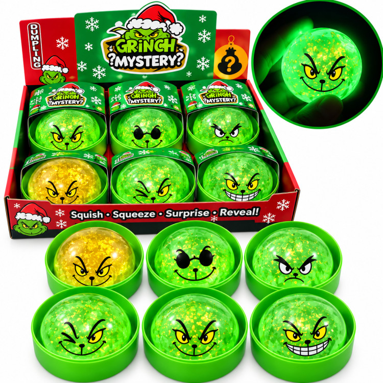Grinch Karácsonyi Mystery Dumpling Squishy – sötétben világító, nyomkodható meglepetésfigura
