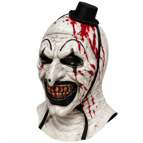Terrifier bohóc latex maszk – fekete-fehér horror Halloween maszk, fekete kalappal – nem eredeti termék