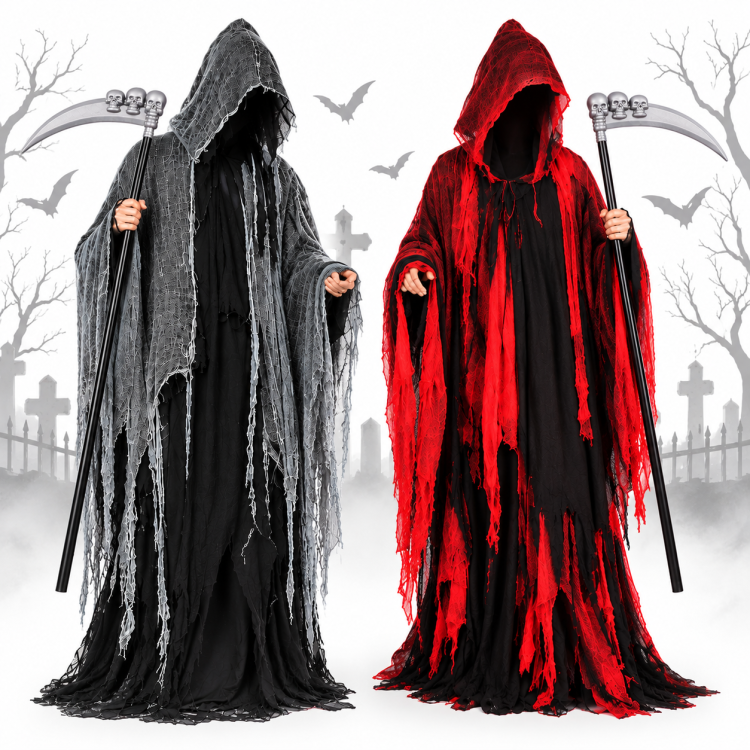Sötét Szürke vagy Piros kísértet jelmez csuklyával – tépett Halloween jelmez Sötét Szürke vagy Piros kísértet jelmez csuklyával – tépett Halloween jelmez