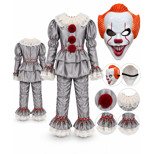 Pennywise Halloween AZ Gyerek horror bohóc jelmez maszkkal – szürke – S, M, L