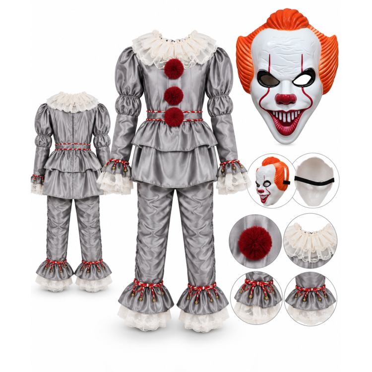 Pennywise Halloween AZ Gyerek horror bohóc jelmez maszkkal – szürke – S, M, L