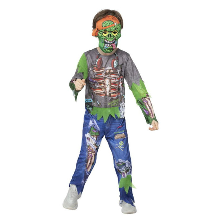 Zombi gamer Halloween jelmez gyerekeknek maszkkal – 10–12 év, 145–158 cm