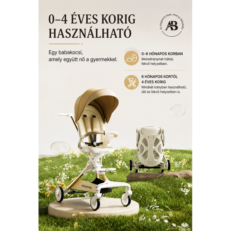 Abbybaby 360°-ban forgatható prémium babakocsi 0–4 éves korig – LED világítással, fekete-narancs