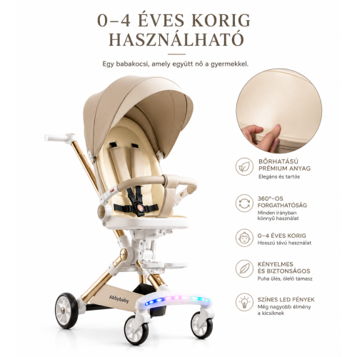 Abbybaby 360°-ban forgatható prémium babakocsi 0–4 éves korig – LED világítással, bézs-arany