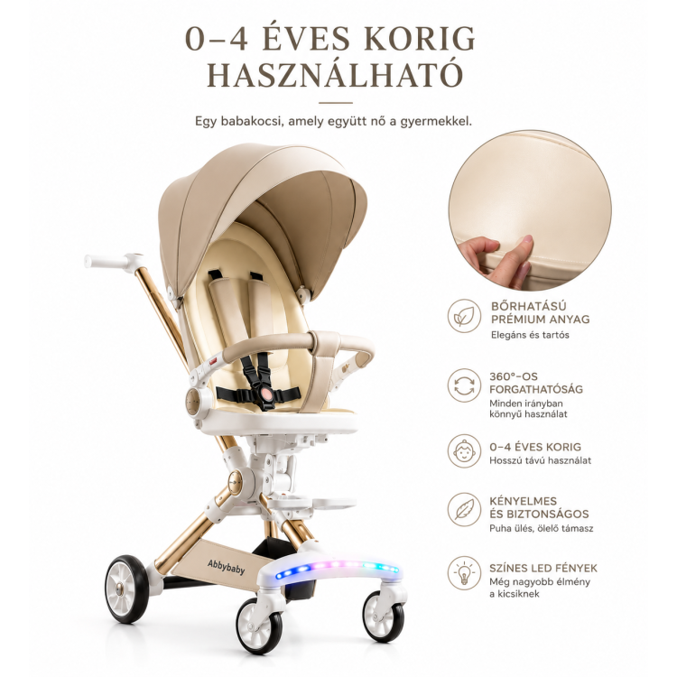 Abbybaby 360°-ban forgatható prémium babakocsi 0–4 éves korig – LED világítással, bézs-arany