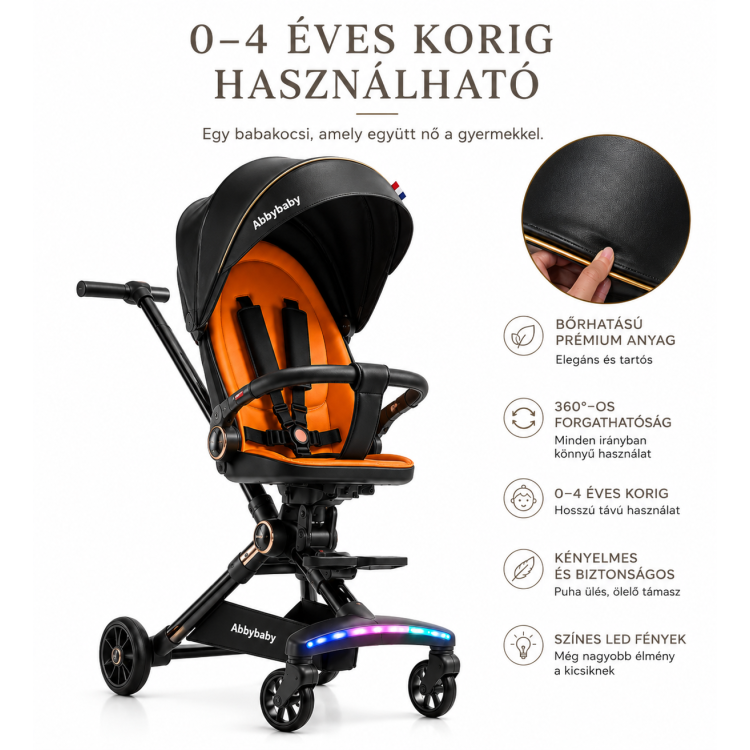 Abbybaby 360°-ban forgatható prémium babakocsi 0–4 éves korig – LED világítással, fekete-narancs