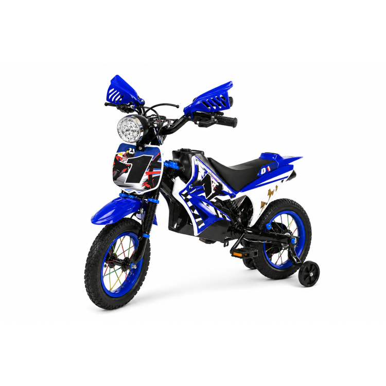 Gyerek cross motor stílusú kerékpár 12”– pótkerékkel, kulaccsal KÉK