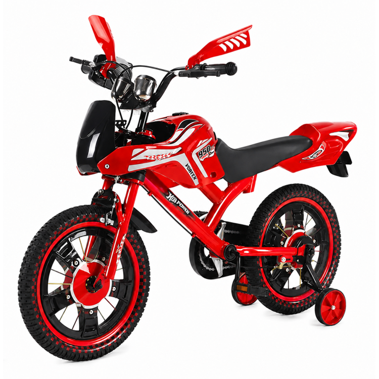 12 colos prémium Cross Moto gyermekkerékpár – különleges motoros kialakítással PIROS