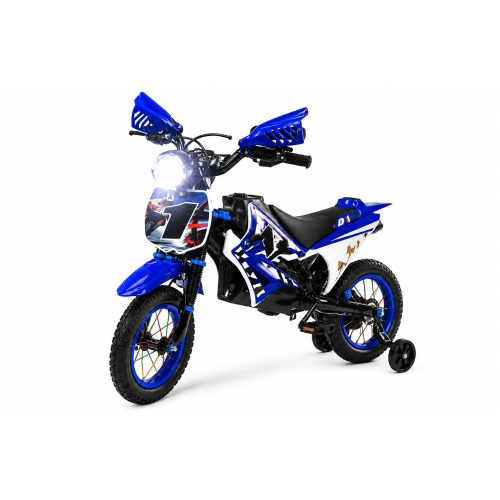 Gyerek cross motor stílusú kerékpár 12”–Világító Fényszóróval  KÉK