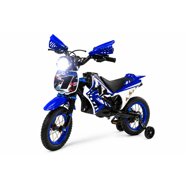 Gyerek cross motor stílusú kerékpár 12”–VILÁGÍTÓ FÉNYSZÓRÓVAL kék