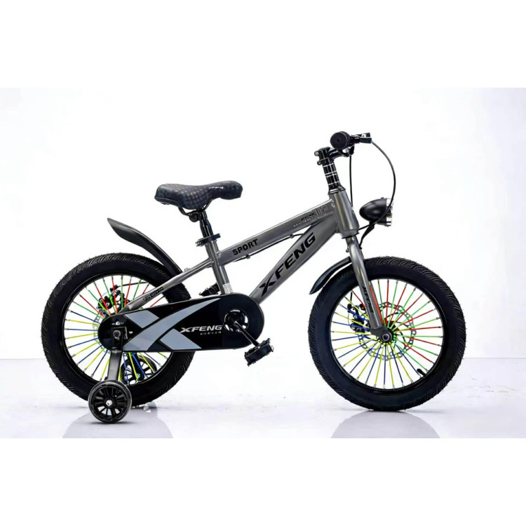 X Feng Sport Gyerek bicikli lámpával és Pótkerékkel  SZŰRKE 14" 16" 18"