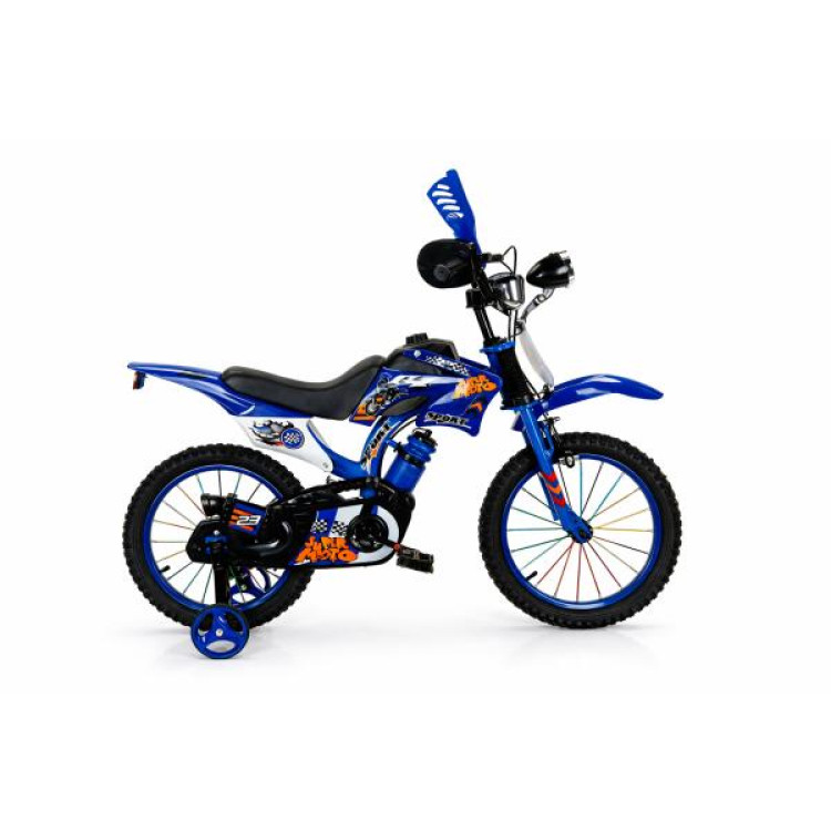 Gyerek cross motor stílusú kerékpár 16”–VILÁGÍTÓ FÉNYSZÓRÓVAL és HANGGAL kék