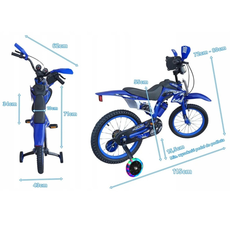 Gyerek cross motor stílusú kerékpár 12” 16" 20" – pótkerékkel, kulaccsal KÉK