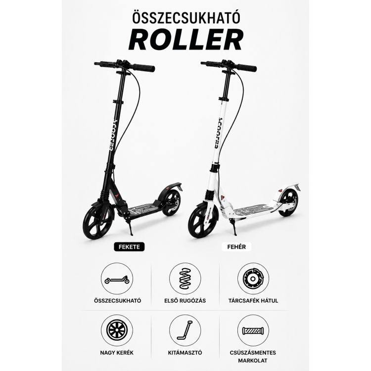 Összecsukható roller első rugózással és hátsó tárcsafékkel – fekete / fehér
