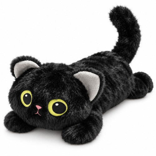 Halloween fekete plüss cica 40 cm – extra puha boszorkánycica nagy zöld szemekkel
